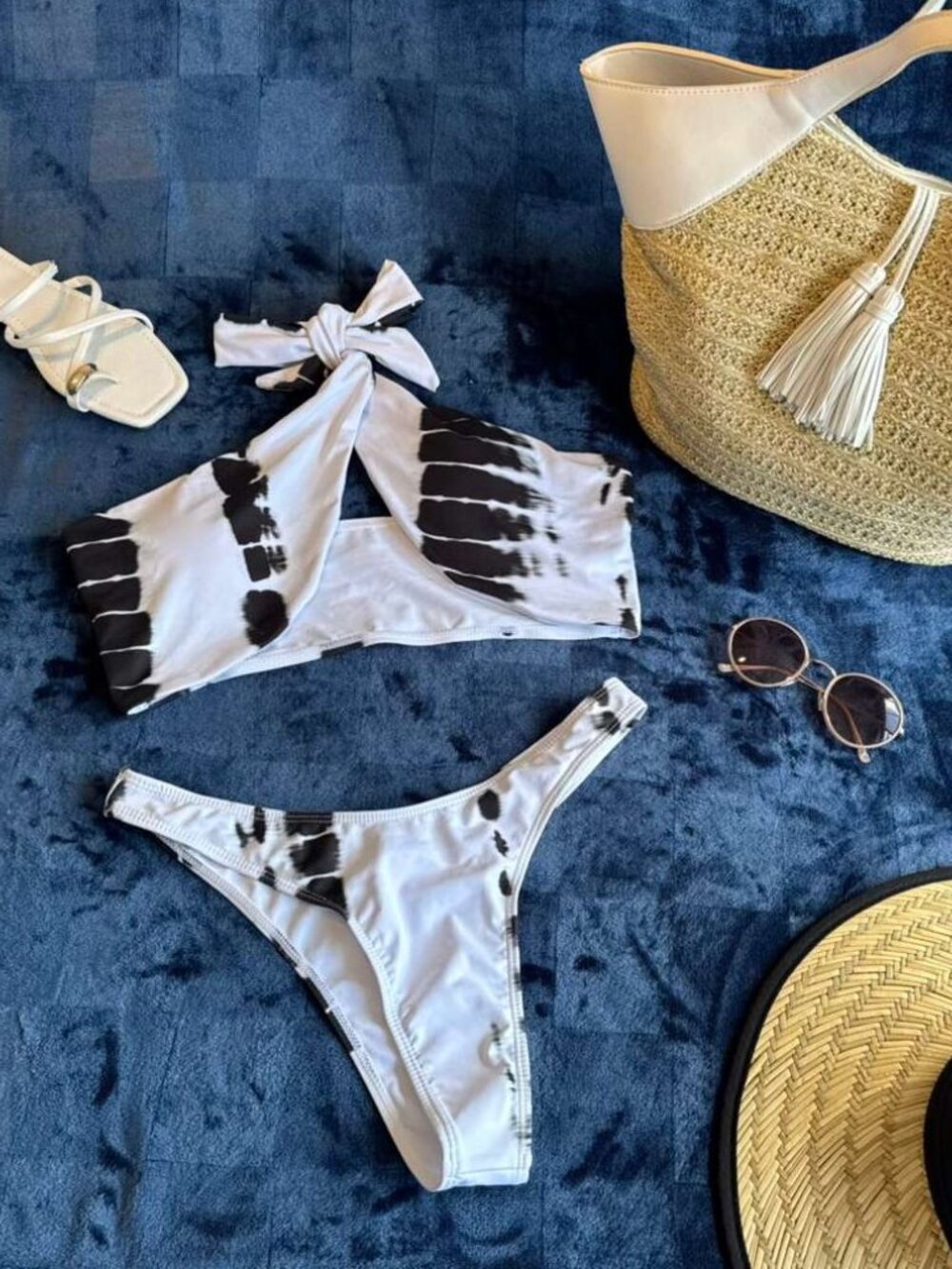 Halter Front Cross Two Piece Cheeky Thong High Cut Brazilian Bikini Tie Dye Wm L